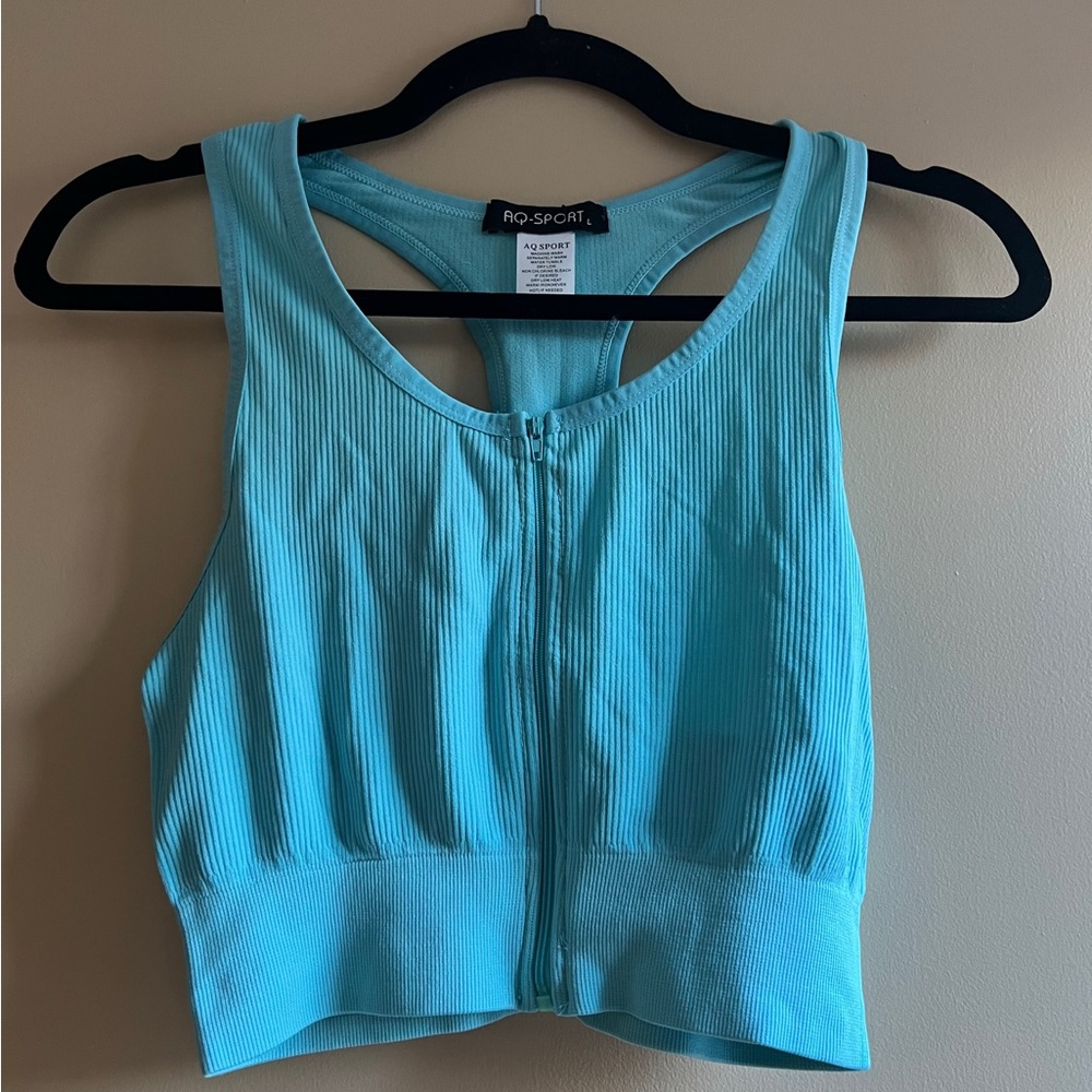 Blue Zip-Front Ribbed Crop Top - Picture 2 of 5